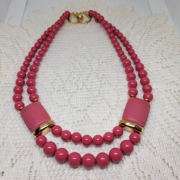 Vintage Beaded Necklace Two Strand Two Barrel Shaped Beads Pink Gold Tone - Picture 2 of 10